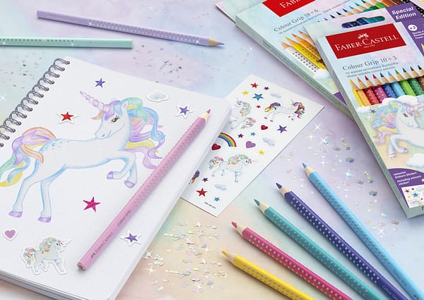 Faber Castell FC-201542 Colour Grip Kleurpotloden 10 Stuks + 3 Sparkle Pastel Kleurpotloden en Unicorn Stickers - Afbeelding 2