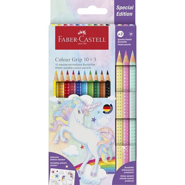 Faber Castell FC-201542 Colour Grip Kleurpotloden 10 Stuks + 3 Sparkle Pastel Kleurpotloden en Unicorn Stickers