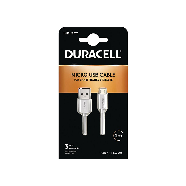 USB-kabel DURACELL USB5023W 2 m Wit (1 Stuks)